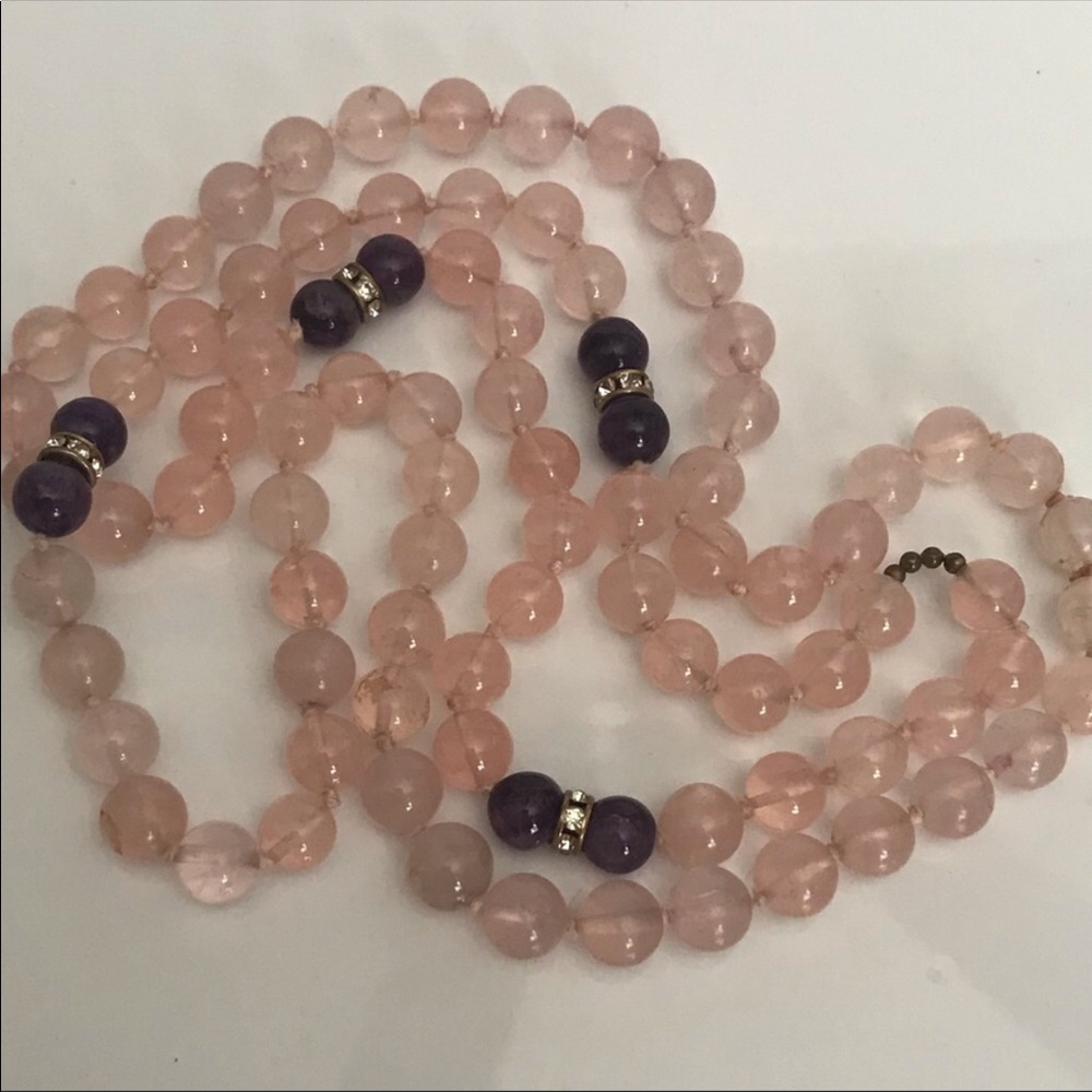 36” Natural Rose Quartz & Amethyst Beaded Necklace - Picture 3 of 7